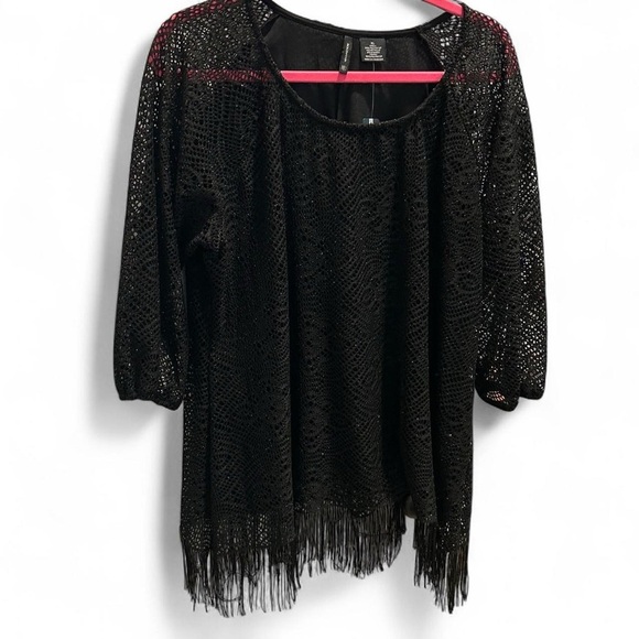 NWT- Black Metallic Lace Fringe Top – New Directions XL | Boho Festival Glam - Picture 7 of 8